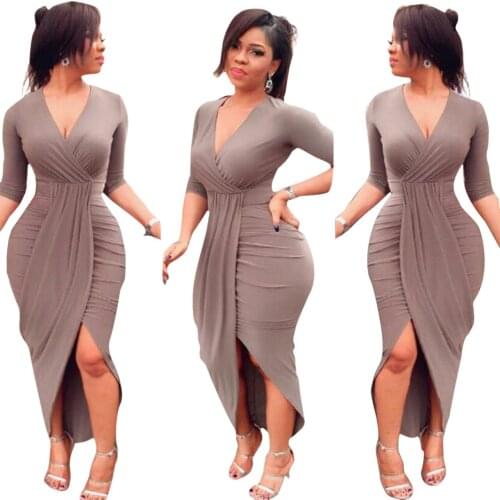 Bigsweety Autumn Dress Sexy Deep V-Neck Party Dress Lady Bodycon Sheath Pleated Split Asymmetrical Dress Vestido Women Clothing