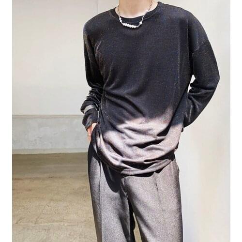 Men Bright Silk Long Sleeve T-shirt Top Male Korean Fashion Japan Harajuku Streetwear Casual Bottom Tees Shirts Man Tshirt