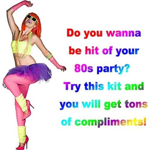 K3NF Women Girls 80s Fancy Dress Accessories Neon Fingerless Fishnet Gloves Beaded Necklace Bracelet for Retro Party Outfit