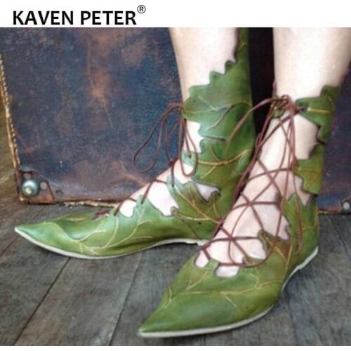 Summer boots flat shoes Women leaf style design shoes women lace up boots pointed toe Ladies roman shoes spring autumn 34-44