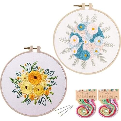 2Pcs Embroidery Starter Kit Flower Plant Pattern Color Threads Cross Stitch Kit DIY Without Embroidery Hoop