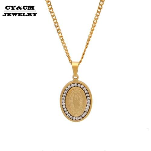 CY&CM Women Men Hip Hop Oval Dog Tag Religious Rhinestone Iced Out Necklace Virgin Mary Pendant Stainless Steel Catholic Figure