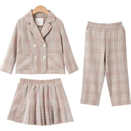 Girls Plaid Suits Kids Clothing 4 5 6 7 8 9 4 10 11 12 13 14 Years Double Breasted Blazers and Pants Skirt Children Clothes Sets