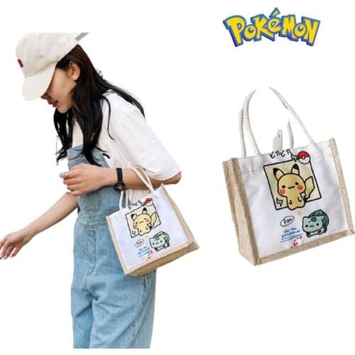 Pokemon Pokemon Pikachu Anime Shopping Casual Bag Cloth Bag Cartoon Cute Girl Sweet Cotton and Linen Portable Small Square Bag