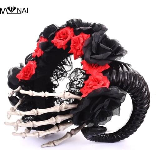 Steampunk Horn Flowers Headband Fancy Halloween Hand Skeleton Hair Band Party Photography Hair Accessories Goth