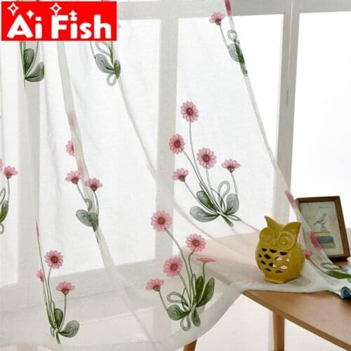 Pink Daisy Embroidery Window Tulle Curtains For Living Room Pastoral Window Screen Sheer Tulle For kitchen Drapes DF013-40