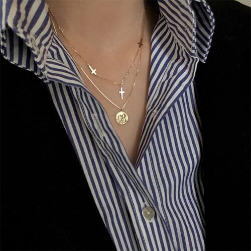 S925 Sterling Silver Round Double-Layer Cross Necklace Female Jewelry Statement Gold-Plated Chain Luxury Wholesale Lots Bulk