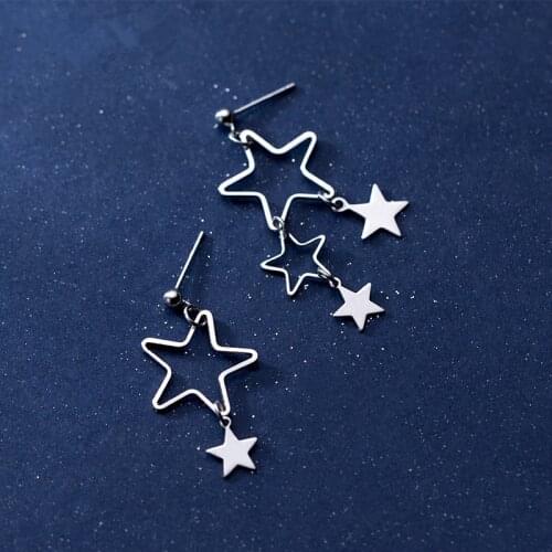100% 925 Sterling Silver Five-pointed Stars Asymmetry Dangle Drop Earrings Hollow Star Charm Earrings Sterling-silver-jewelry