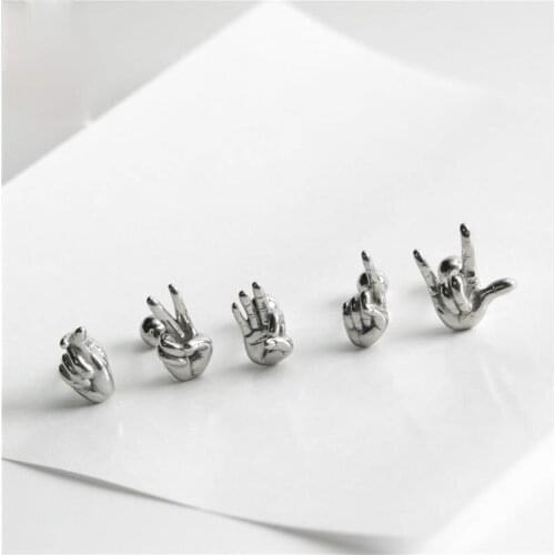 Hip Hop Men Womens Unisex Silver Color Simple Gesture Earrings Bi Xin Earrings Cool Personality Punck Titanium Steel Earrings