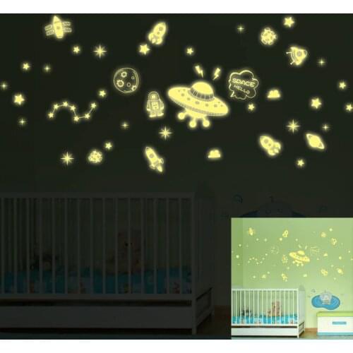 Luminous Universe UFO Alien Wall Stickers Stars Art Design Stickers for Kids Room Home Decoration Wall Decals Glow in the Dark