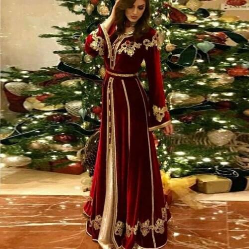 Burgundy Long Sleeve Muslim Evening Dress 2021 robe soiree Islamic Dubai Kaftan Evening Gowns Embroidery Lace Formal Prom Dress