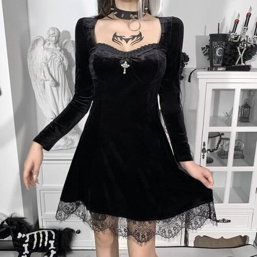 Ruibbit Goth Vintage Black Mini Dress Aesthetic Elegant Cross Pendant High Waist Dress Streetwear Long Sleeve Party Dresses