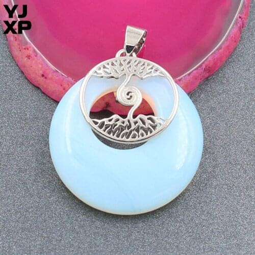 YJXP Silver Plated Safety Buckle Round Hollow Opalite Opal Pendant Tree of Life Fashion Jewelry