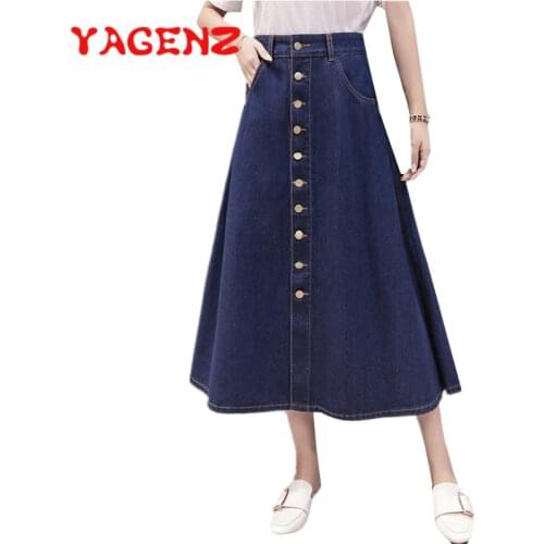 YAGENZ Jeans Skirt Women Denim Skirts Fashion Plus Size Women Clothes high Waist Skirt Single-breasted Casual Blue Skirts 809