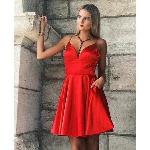 YUNUO 2021 Elegant Mini Homecoming Cocktail Dresses with Pockets A-line Satin Spaghetti Straps Party Short Prom Dress Formal