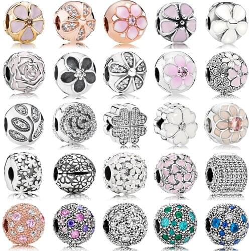 NEW 100% 925 Sterling Silver Pan Safety Clip Crystal Heart Flower Charm Zircon Beads Collocation DIY Bracelet Factory Wholesale