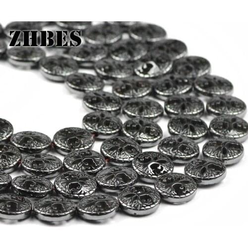 ZHBES 12mm Natural Stone Life Tree Black Hematite Curved coin shape Spacer Loose Beeads For DIY Jewelry Making Bracelet Findings