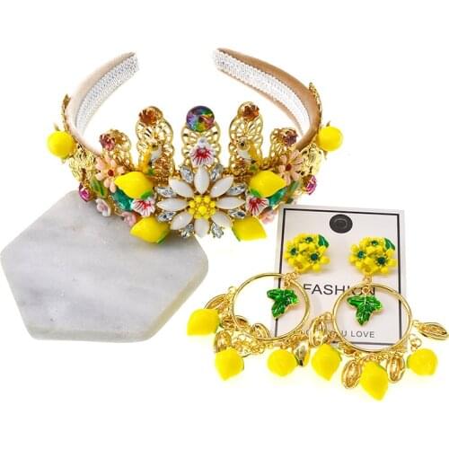Yellow lemon Baroque Gorgeous Wedding Bridal Crown Tiara Bride Headpiece Headband With Dangle white flower Earrings Set