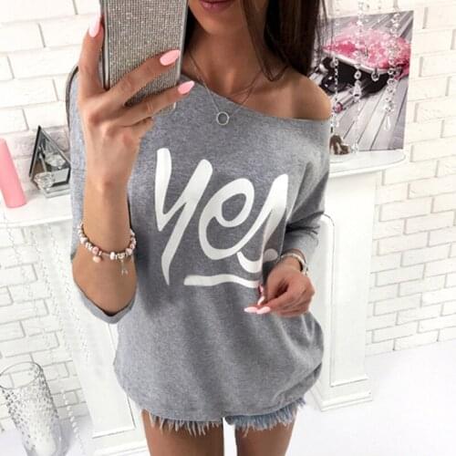 Womens T-Shirts New Letter Print Long Sleeve Women Tops Slash Neck Casual One Shoulder tshirt Female Tee Tops
