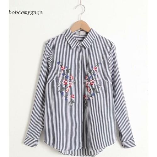 Striped embroidery shirt women turn down collar long sleeve loose casual streetwear long striped shirt