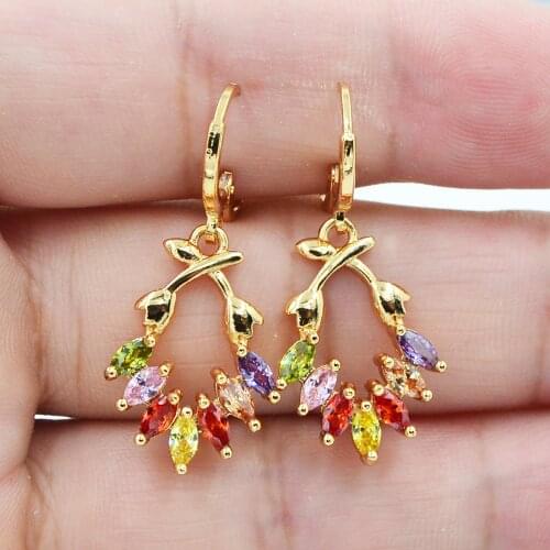 Gold Color Fashion Multicolor Zirconia CZ Flower Branch Dangle Earrings For Women Party Jewelry