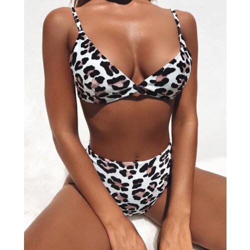 Women Swimwear 2020 Leopard Print Bikini Set Push-up Padded Bandage Swimsuit Triangle Bathing High Waist Swimwear Beach Bikinis