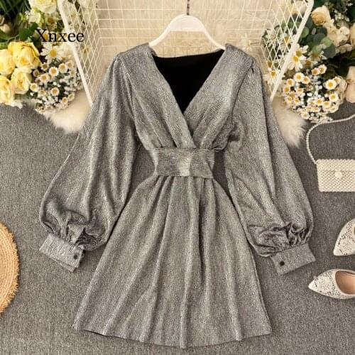 Spring Autumn Womens Bright Dress V-Neck Lantern Sleeve Gold Bright Silk Lace High Waist Retro Dress Female Sexy Party Dresses