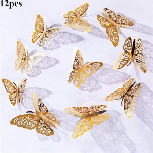 12pcs 3D Simulation Butterfly Wall Stickers Hollow Out Butterfly Decoration for Xmas Tree Birthday Party Wedding Ornament Decals