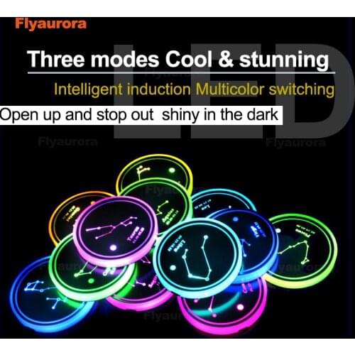 2 Pieces LED Cup Holder Pads Light Mats Bottle Coasters 7 Colors Car Logo LED Atmosphere Light Constellation LED Cup Holder Pads
