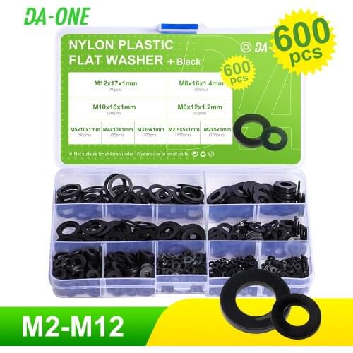 600pcs Black Nylon Washers Flat Washer Assortment Kit, M2, M2.5, M3, M4, M5, M6, M8, M10, M12 Washers Washers Spacer Gasket Ring