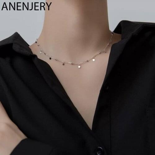 ANENJERY 925 Sterling Silver Round Bead Discs Clavicle Chain Choker Necklace for Women Party Necklace Wholesale S-N695