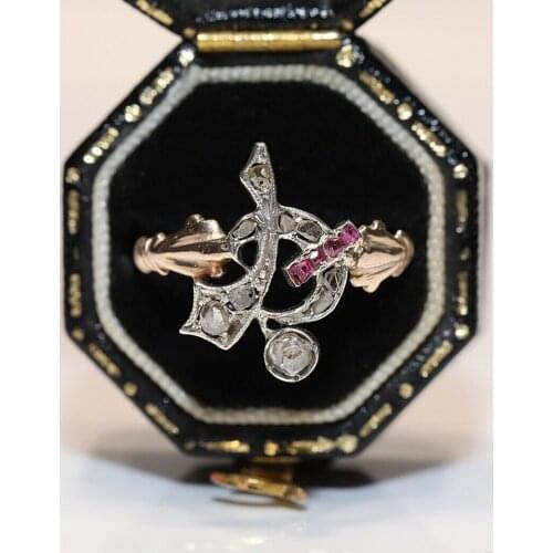 ANTIQUE OTTOMAN 8K GOLD NATURAL ROSE CUT DIAMOND AND CALIBER RUBY RING