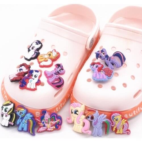 Free Shipping 50Pcs Cartoon Unicorn My Little Horse Ponys PVC Shoe Charms Fit Bands Bags Shoes Accessories Girls Gift Croc Jibz