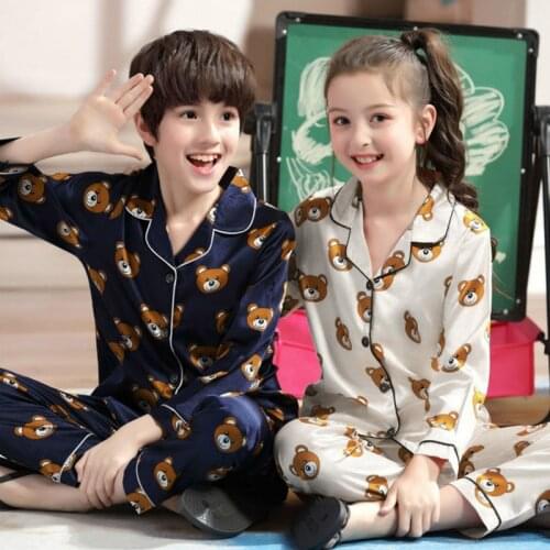 Kids Pajamas Girls Boys Long Sleeves Fall Winter Clothes Cartoon Printed Silk Tops+Pants 2 PCS Sets Children Leisure Suits 1-7Y