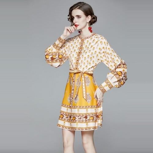 Elegant Runway Autumn Mini Dress Women Long Lantern Sleeve Button Belt Flower Print Vintage Yellow Party Short Dress k5038