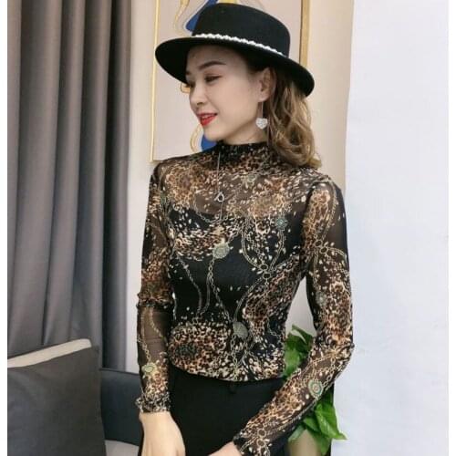 Burning Flowers, Retro Pattern, Western Style, All-match Stretch Mesh Sleeved T-shirt, Womens Bottoming Shirt, Thin Tide