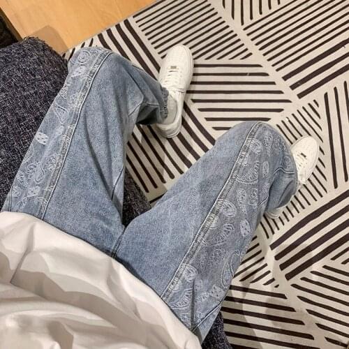 Mens Jeans Casual Loose Stitching Cashew Printed Old Daddy Denim Cropped Pants Washed Slim Trousers Plus Size Streewear Jean