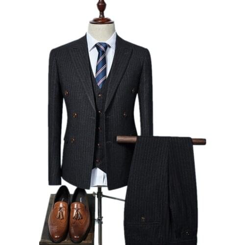 Mens suit mens double-breasted striped suit 3-piece blazer pants vest mens business casual suit wedding groom dress 2020