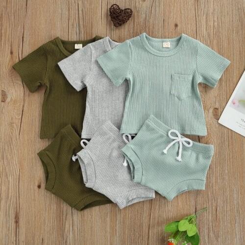 0-24M Summer Causal Boys Girls Clothes Sets Solid Pocket Short Sleeve T Shirts+Shorts 2pcs Baby Clothing