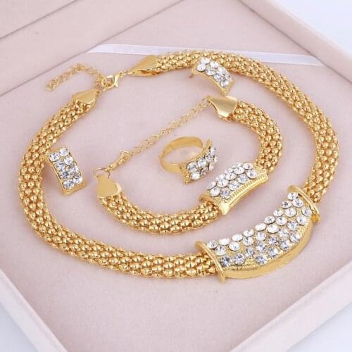 Amazing Price Wedding Gold Jewelry Sets For Women Pendant Statement African Beads Crystal Necklace Earrings Bracelet Rings