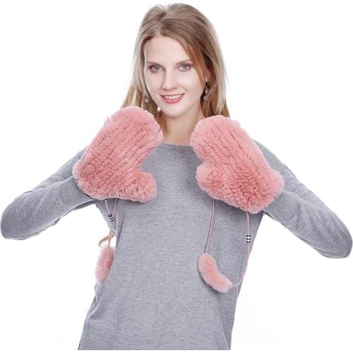 New Rex rabbit wool knit gloves winter warm knit ladies real fur Halter gloves cute bear new