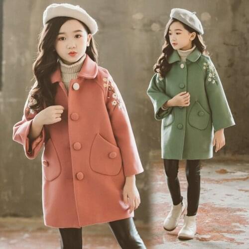 Girls Fall Winter Cotton-Padded Woolen Coat New Kids Leisure Woollen Overcoat Childrens Embroidered Windbreaker Outerwear P161