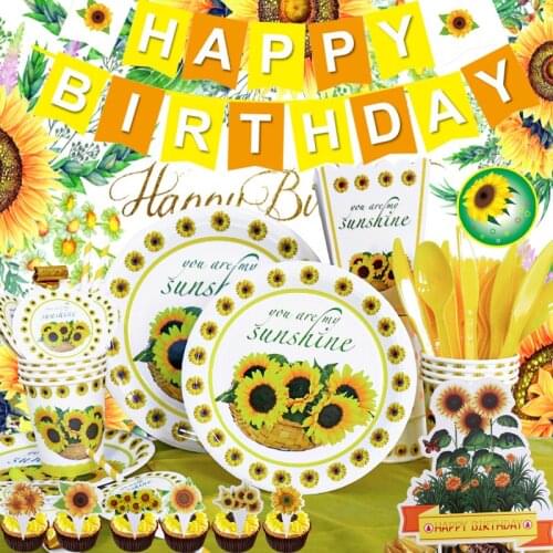 Sunflower Theme Party Supplies Paper Cup Plate Tableware Straw Tablecloth Baby Shower Decoration Birthday Party Balloons