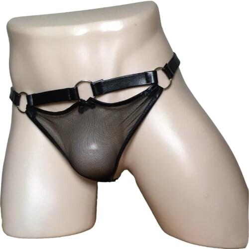 Sexy Men Soft Faux Leather Strap Sheer Mesh Bulge Pouch G-String Thong Bikini Bottom Underwear Lingerie for Him
