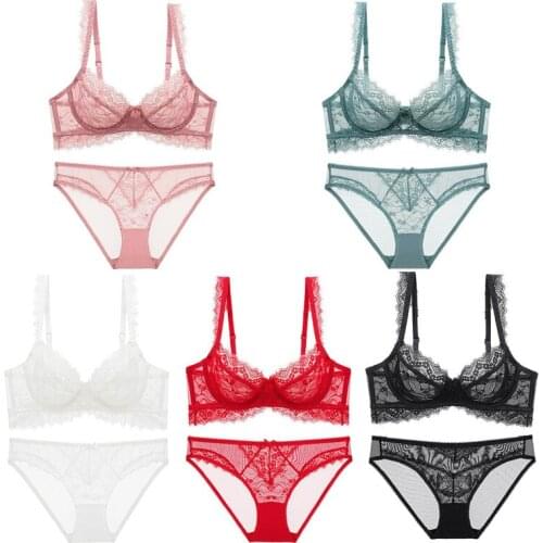 Women Sexy Lace Bra And Panty Set Big Chest Look Smaller Bralette Ultra-Thin No Sponge Transparent See Through Lingerie