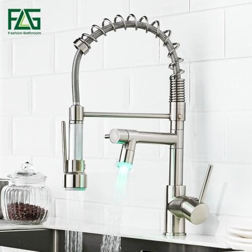 FLG LED Kitchen Faucet Brushed Nickel Pull Down Kitchen Taps D Handle 360 Degree Rotating Cold Hot Water Mixer Sink Tap