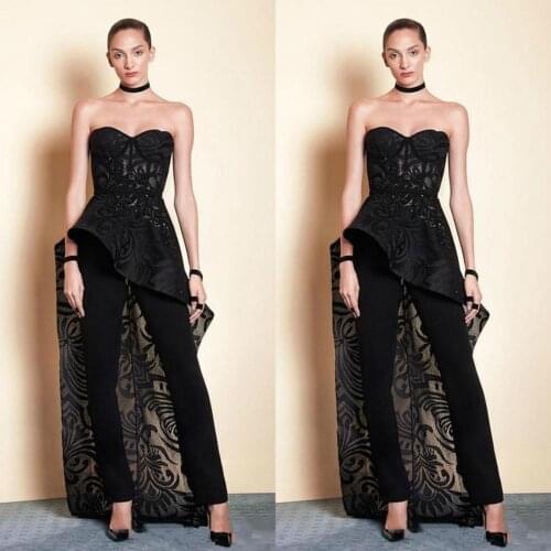 Modern Black Pant Suit Prom Dresses Sweetheart Lace Overskirts Special Occasion Evening Dress 2020 Cheap Bride Gowns