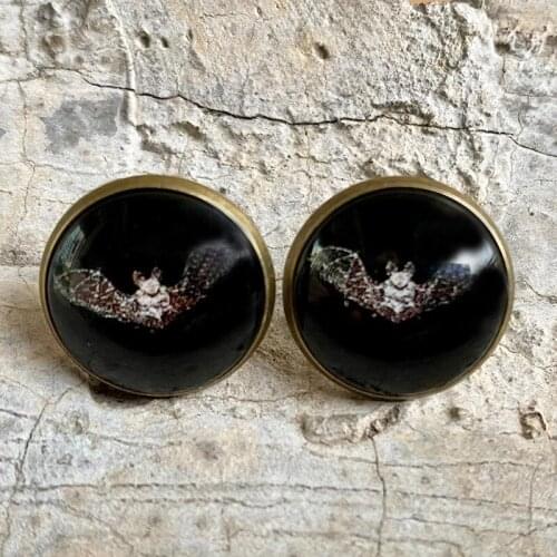 Hip Hop Style Horror Animal Skull Bird Cat Pattern Glass Dome Button Stud Earrings Halloween Vintage Black and White Jewelry