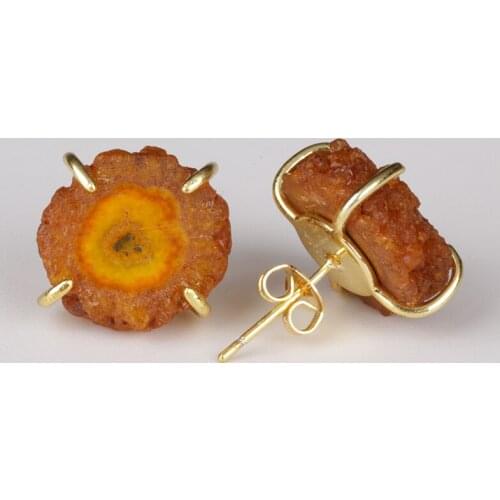 Thick yellow lemon natural geode druzy drusy stone slice semi precious stone bead charm gold button stud earring for women