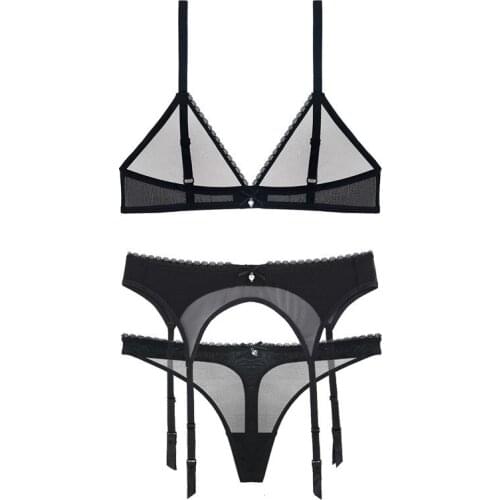 Ultra Thin Bra Set with Garter Sexy Transparent Mesh Bra Women Thong Panties Lingerie Suit Ladies Temptation Underwear 3 PCS Set